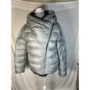 Nike Women Small Silver Iridescent Down Fill Hooded Puffer Jacket Asymmetric Zip